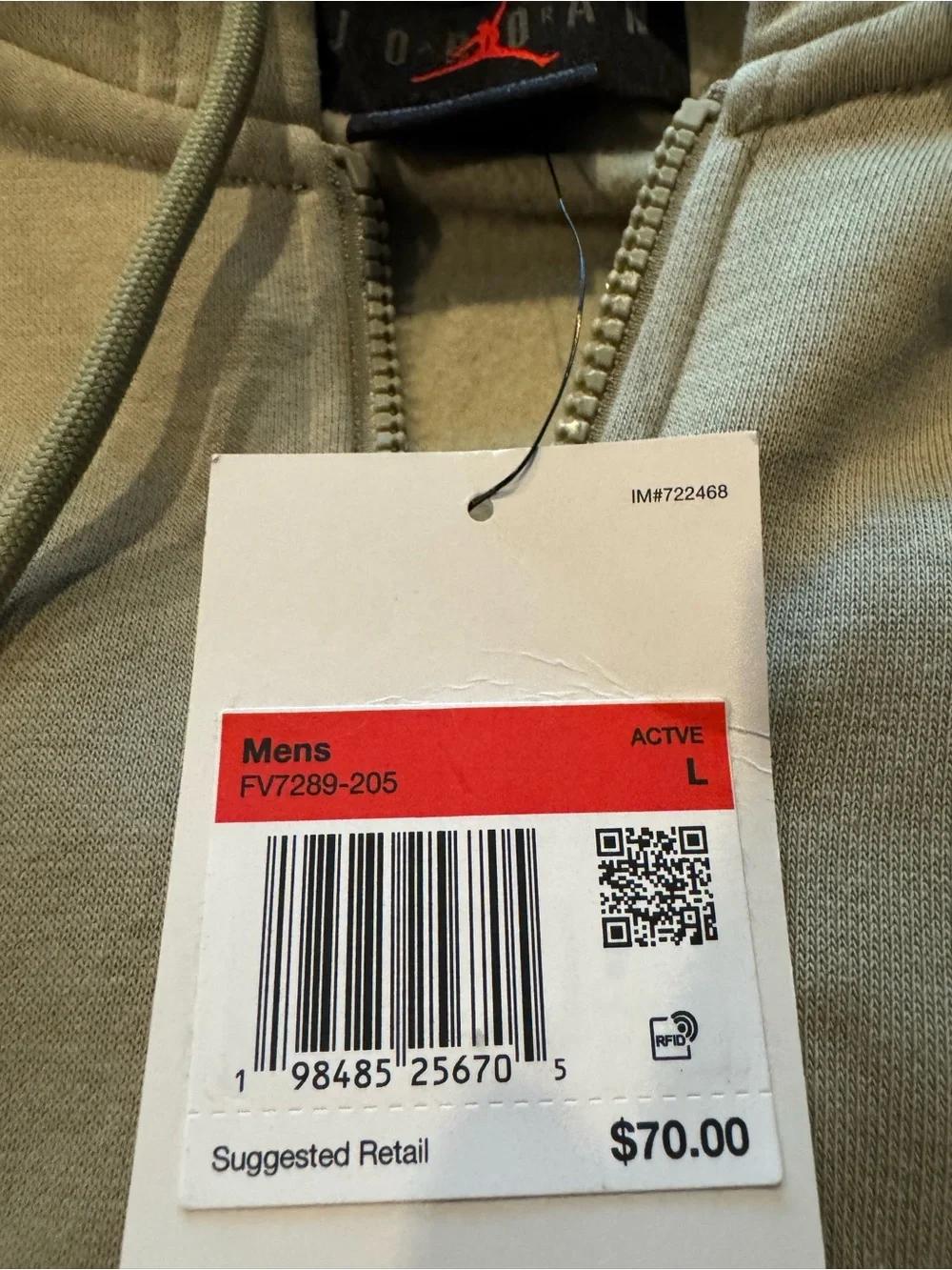 NWT-  Jordan Olive Green Full-Zip Hoodie Jacket - Size Large
